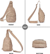Zaino monospalla beige in pelle sintetica, vista a 360 gradi. Tasche multiple, tracolla regolabile, design elegante e funzionale per uomo e donna.
