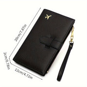 Portafoglio nero in pelle con cinturino, chiusura a zip, dimensioni 20x12x2 cm, design elegante, ideale per uomo e donna, accessorio moda.