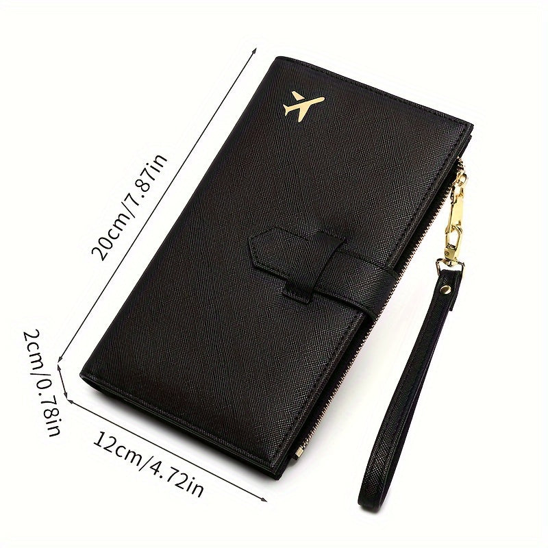 Portafoglio nero in pelle con cinturino, chiusura a zip, dimensioni 20x12x2 cm, design elegante, ideale per uomo e donna, accessorio moda.