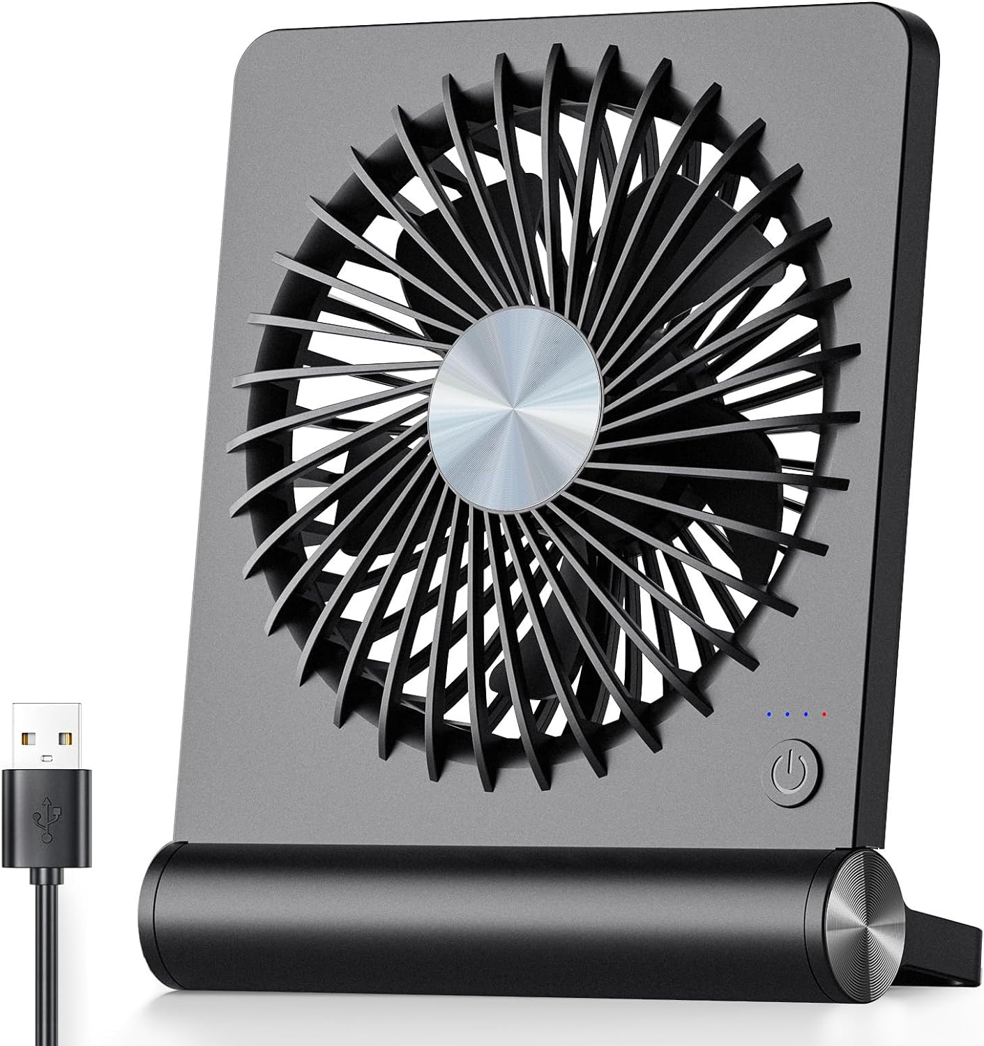 Ventilatore USB portatile nero, design compatto e moderno, con pulsante di accensione e cavo USB incluso. Ideale per ufficio e viaggi.