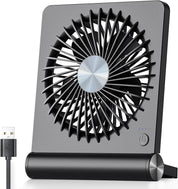 Ventilatore USB portatile nero, design compatto e moderno, con pulsante di accensione e cavo USB incluso. Ideale per ufficio e viaggi.