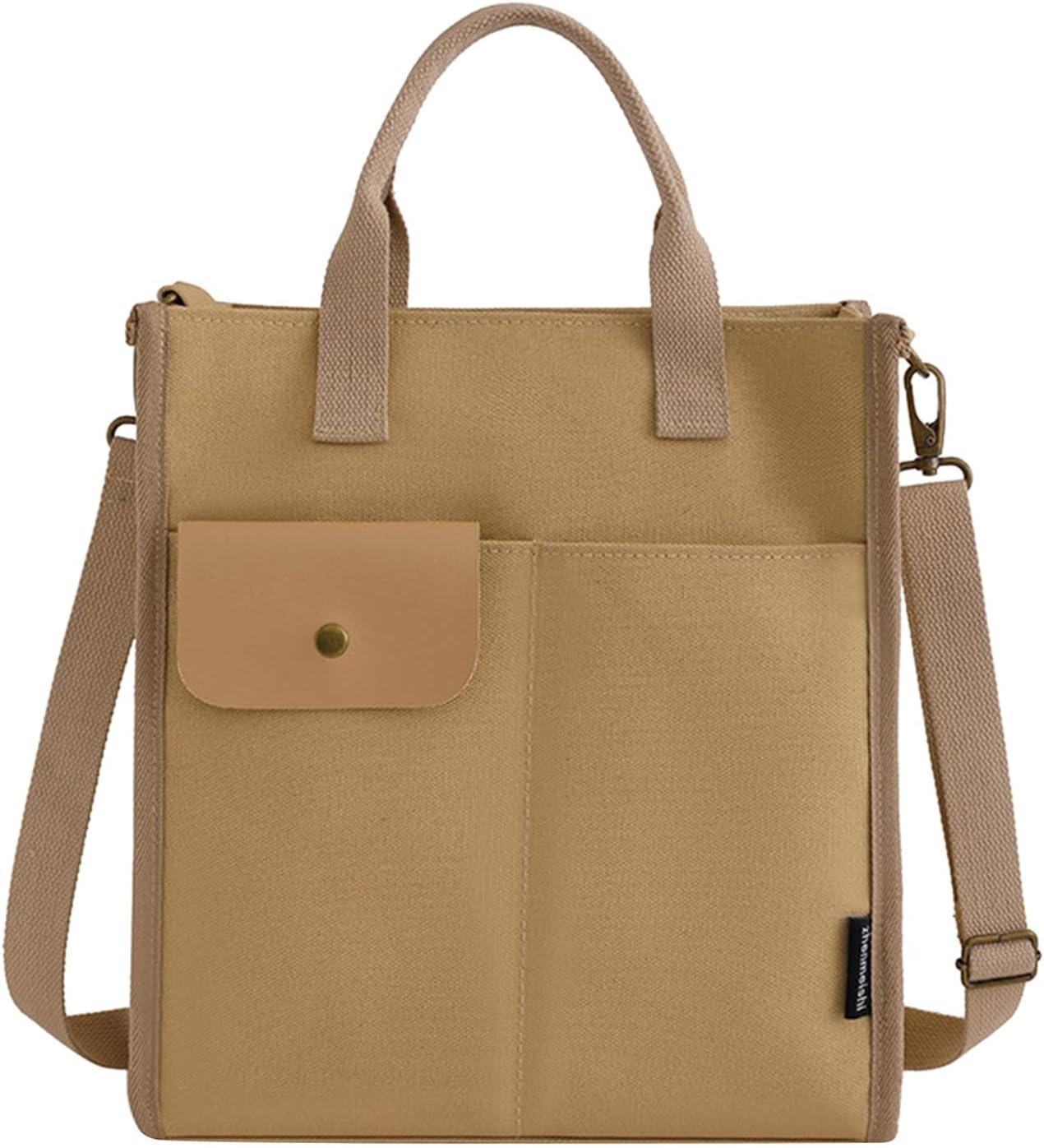 Borsa tote in tela beige con tasca frontale, manici e tracolla regolabile. Design elegante e pratico, ideale per uso quotidiano e lavoro.