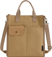 Borsa tote in tela beige con tasca frontale, manici e tracolla regolabile. Design elegante e pratico, ideale per uso quotidiano e lavoro.