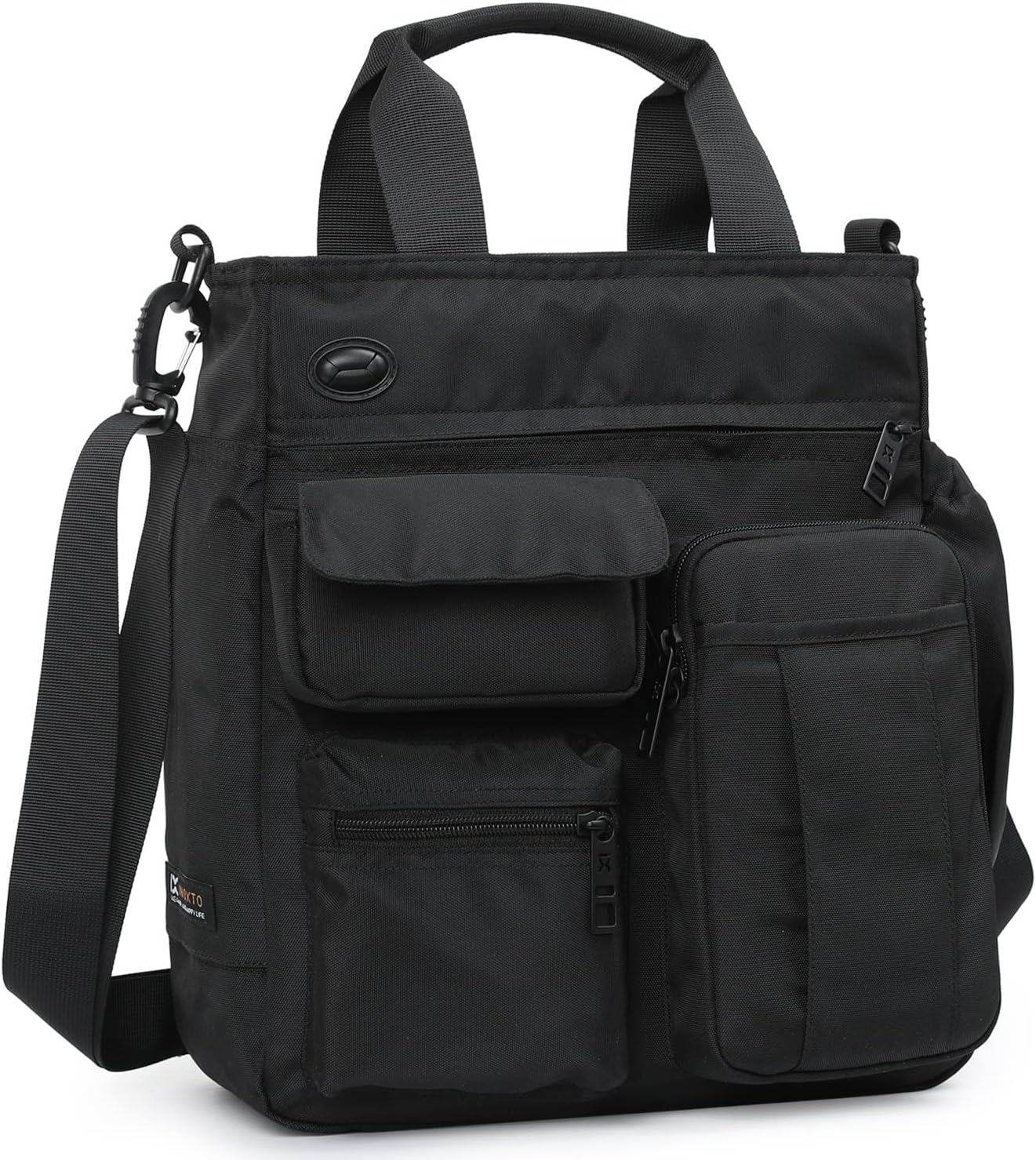 Borsa a tracolla nera multifunzione in nylon, con tasche frontali con zip e manici, ideale per lavoro e viaggio. Design elegante e pratico.