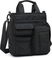 Borsa a tracolla nera multifunzione in nylon, con tasche frontali con zip e manici, ideale per lavoro e viaggio. Design elegante e pratico.