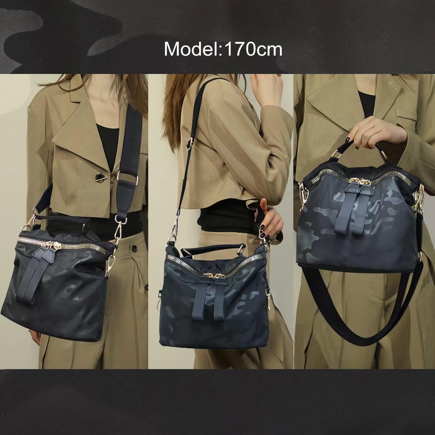 Borsa a tracolla nera in nylon con dettagli dorati, indossata da modella alta 170 cm. Design elegante, ideale per moda urbana e casual.