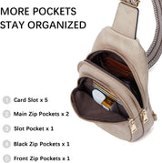 Zaino a tracolla beige con tasche multiple, scomparti con zip, slot per carte e design organizzato. Ideale per viaggi e uso quotidiano.