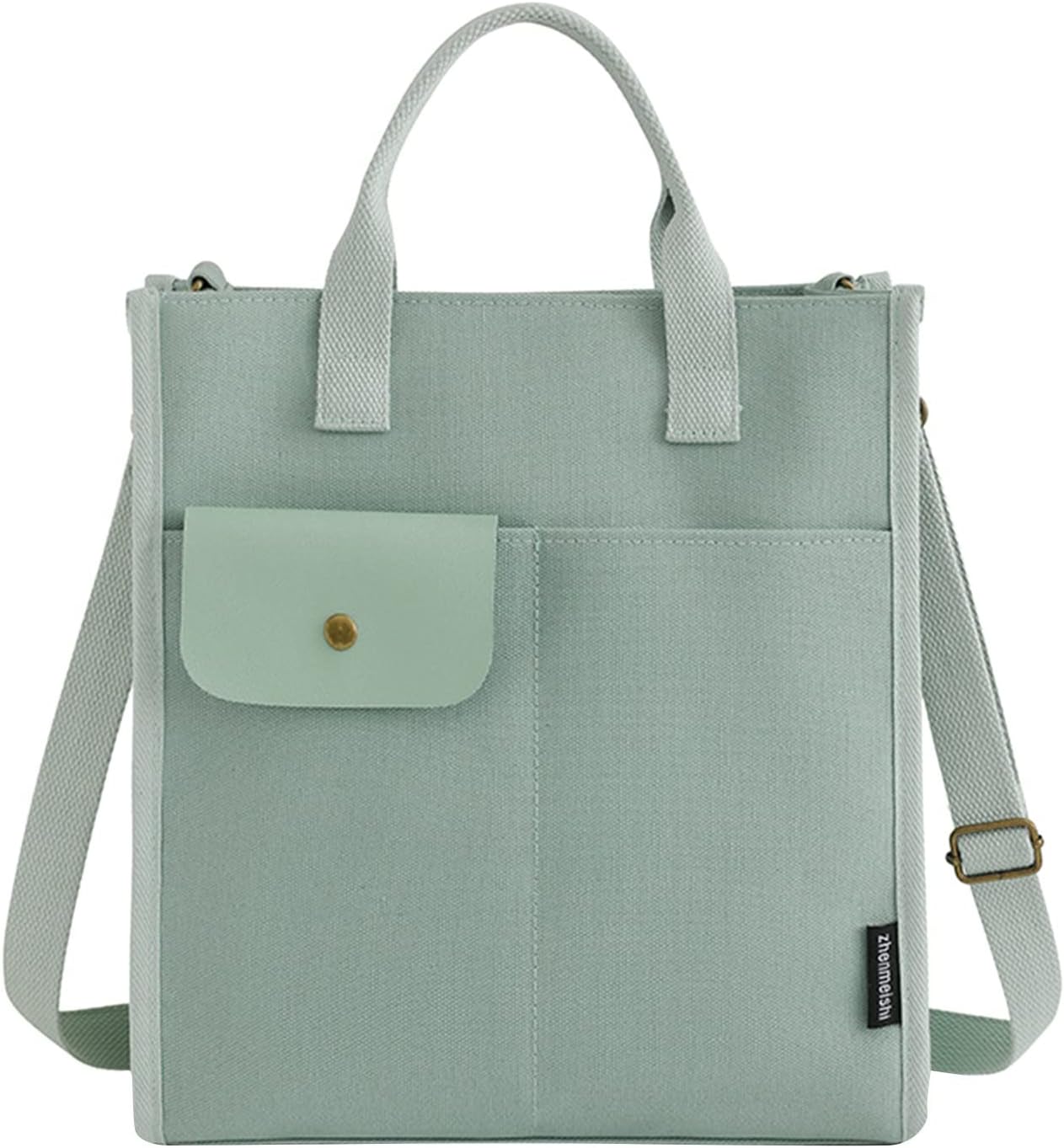 Borsa a tracolla verde menta in tela con tasca frontale, manici e tracolla regolabile. Design elegante e pratico per uso quotidiano.