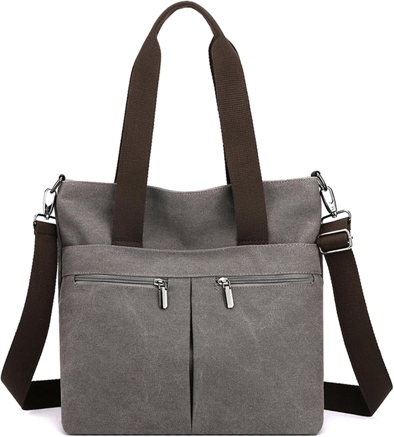 Borsa a tracolla in tela grigia con doppia cerniera, manici marroni e tracolla regolabile. Design casual, ideale per uso quotidiano.