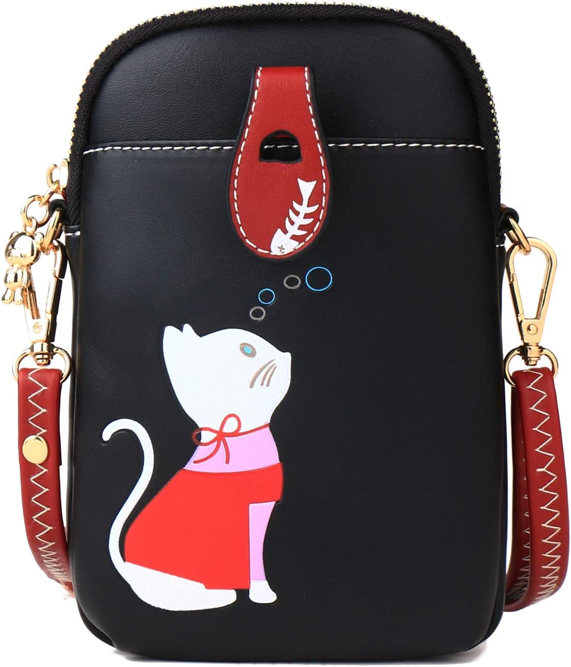 Borsa a tracolla nera con stampa di gatto bianco, dettagli rossi e chiusura a zip. Design elegante e moderno, ideale per moda femminile.