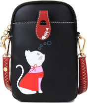 Borsa a tracolla nera con stampa di gatto bianco, dettagli rossi e chiusura a zip. Design elegante e moderno, ideale per moda femminile.