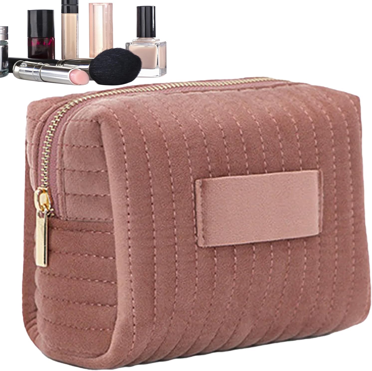 Astuccio trucco in velluto rosa con cerniera dorata, ideale per cosmetici e accessori beauty. Design elegante e compatto per viaggi.