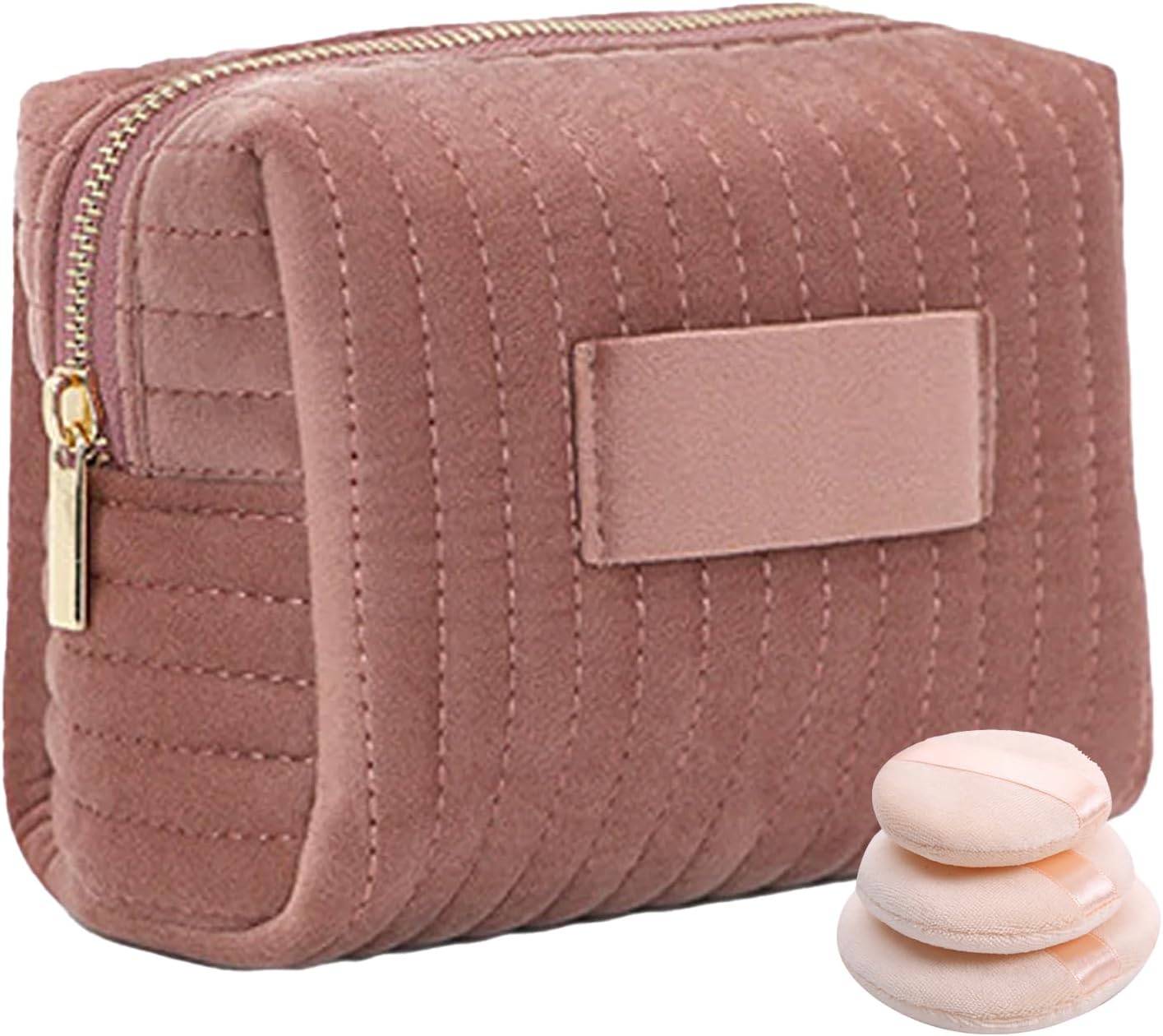 Borsa cosmetica in velluto rosa con cerniera dorata, design trapuntato, include tre spugnette trucco. Elegante e pratica per viaggi e organizzazione.