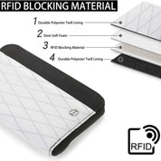 Custodia protettiva RFID bianca e nera, materiale in poliestere durevole, schiuma morbida 3mm, blocco RFID, design a rombi, sicurezza carte di credito.