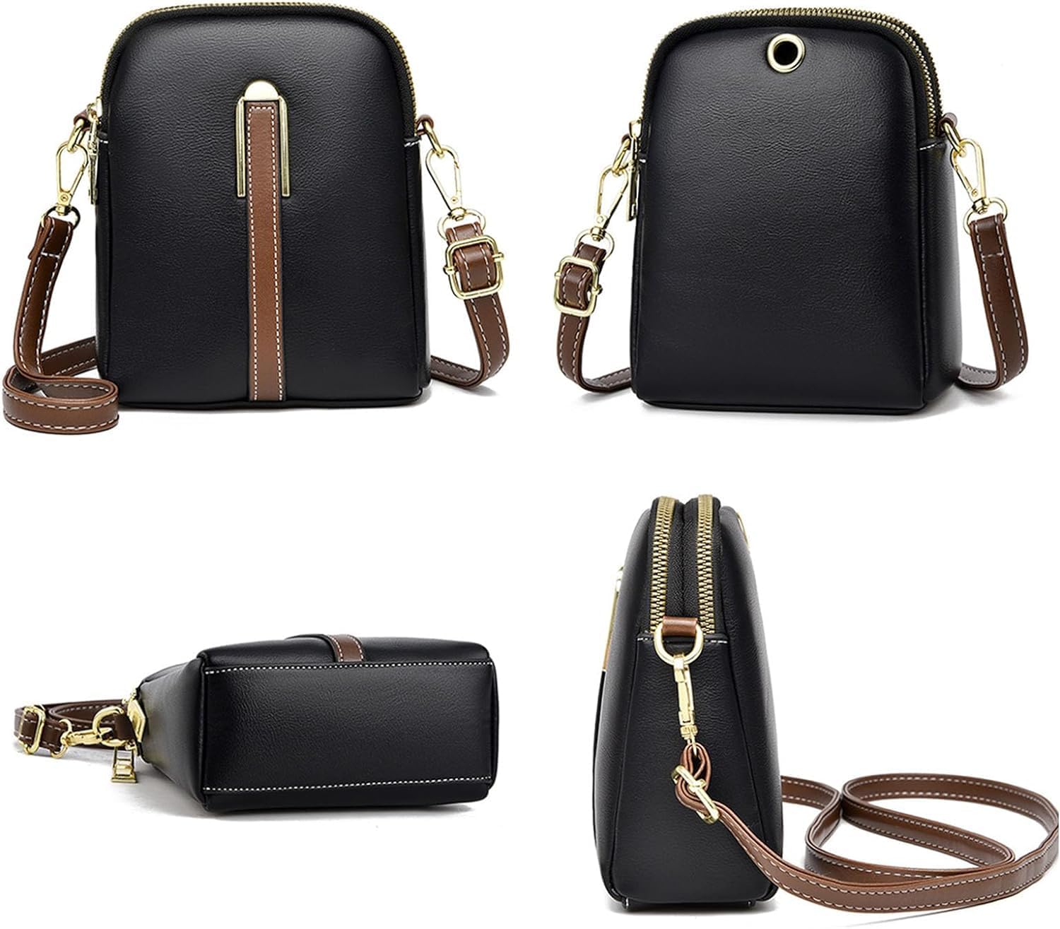 Borsa a tracolla in pelle nera con dettagli marroni, chiusura a zip, tracolla regolabile, design elegante e compatto, ideale per donna.