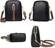 Borsa a tracolla in pelle nera con dettagli marroni, chiusura a zip, tracolla regolabile, design elegante e compatto, ideale per donna.