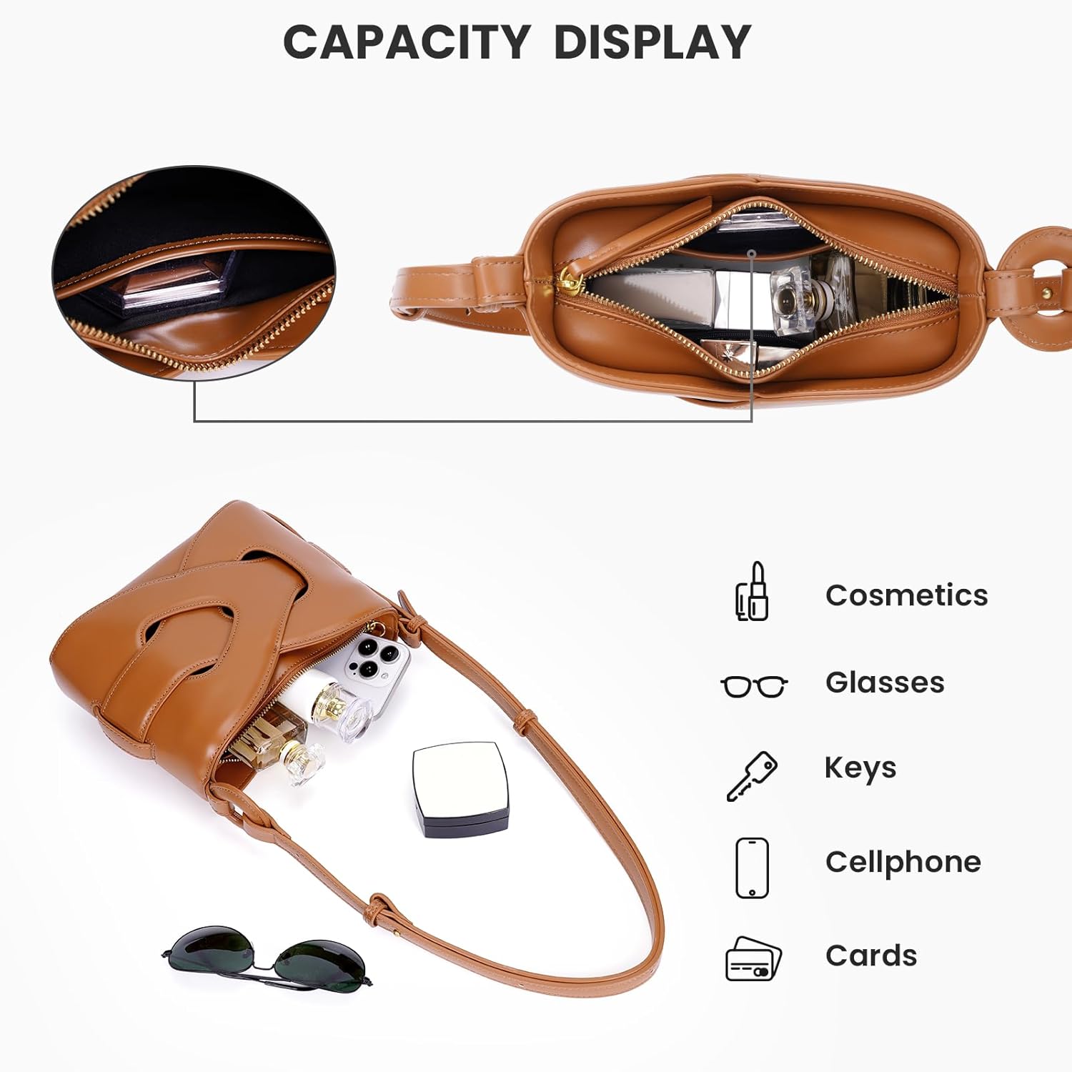Borsa a tracolla in pelle marrone con scomparti per cosmetici, occhiali, chiavi, cellulare e carte. Design elegante e funzionale.