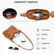 Borsa a tracolla in pelle marrone con scomparti per cosmetici, occhiali, chiavi, cellulare e carte. Design elegante e funzionale.