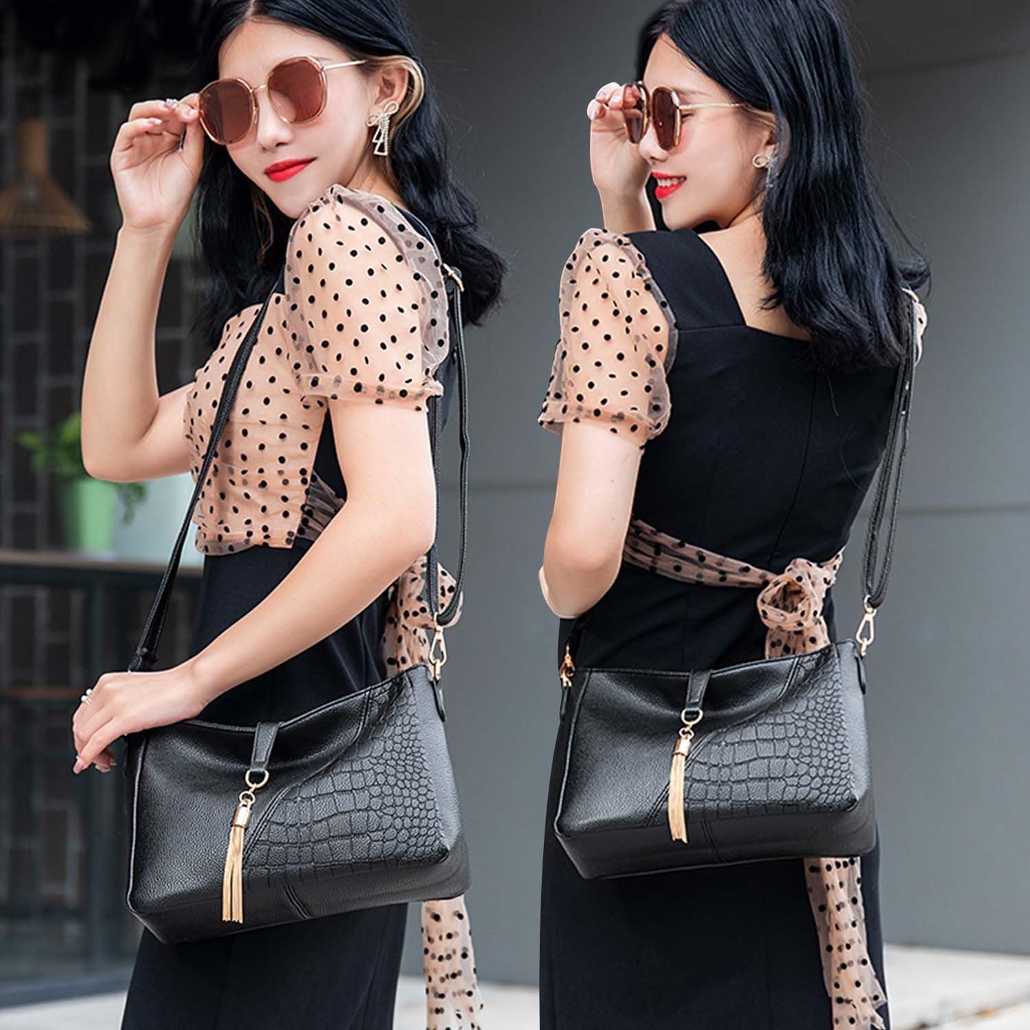 Due donne con occhiali da sole indossano abiti eleganti e borse a tracolla nere in pelle con motivo a coccodrillo e ciondolo dorato.