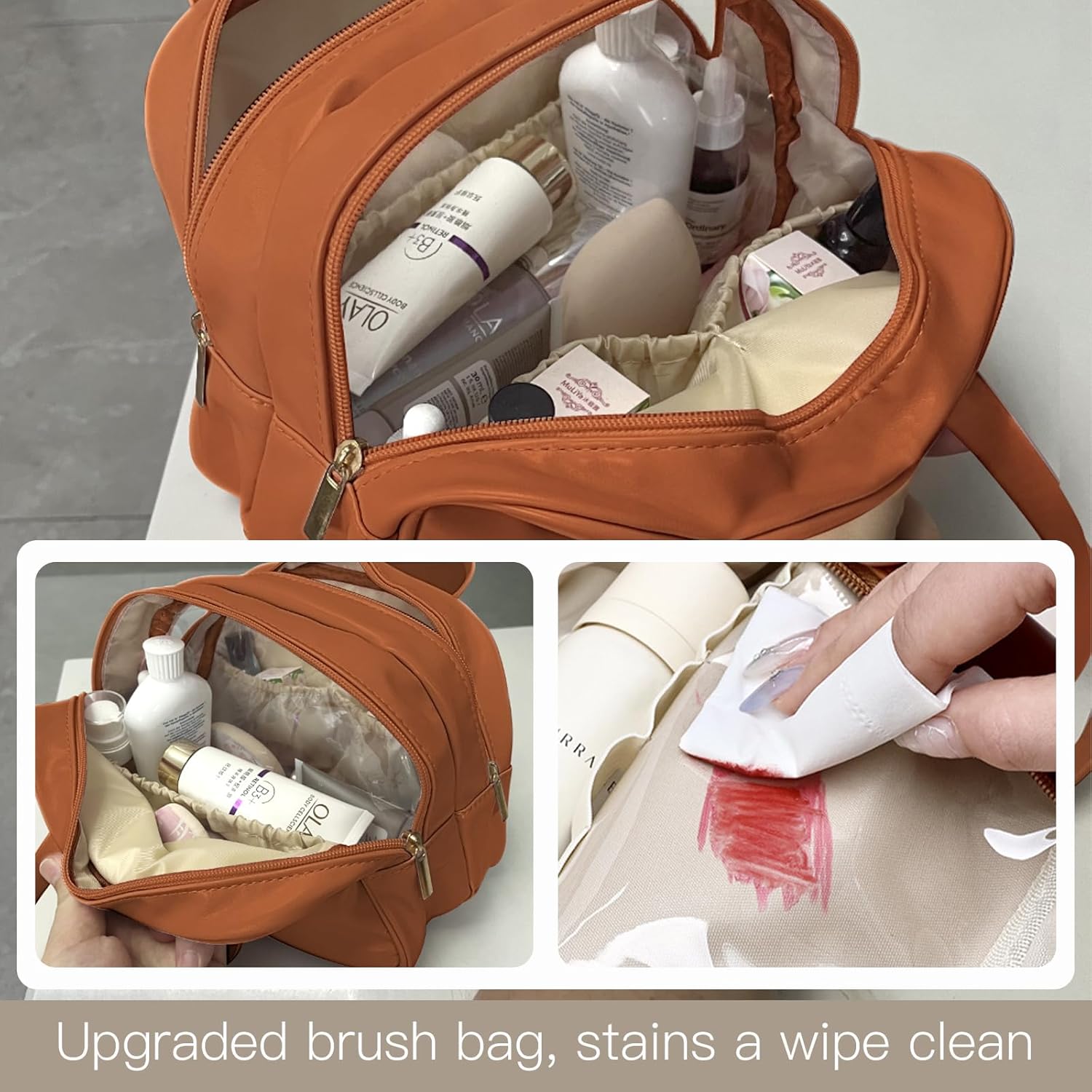 Borsa trucco arancione con prodotti cosmetici, tasche interne, facile da pulire. Ideale per organizzare trucchi e accessori viaggio.