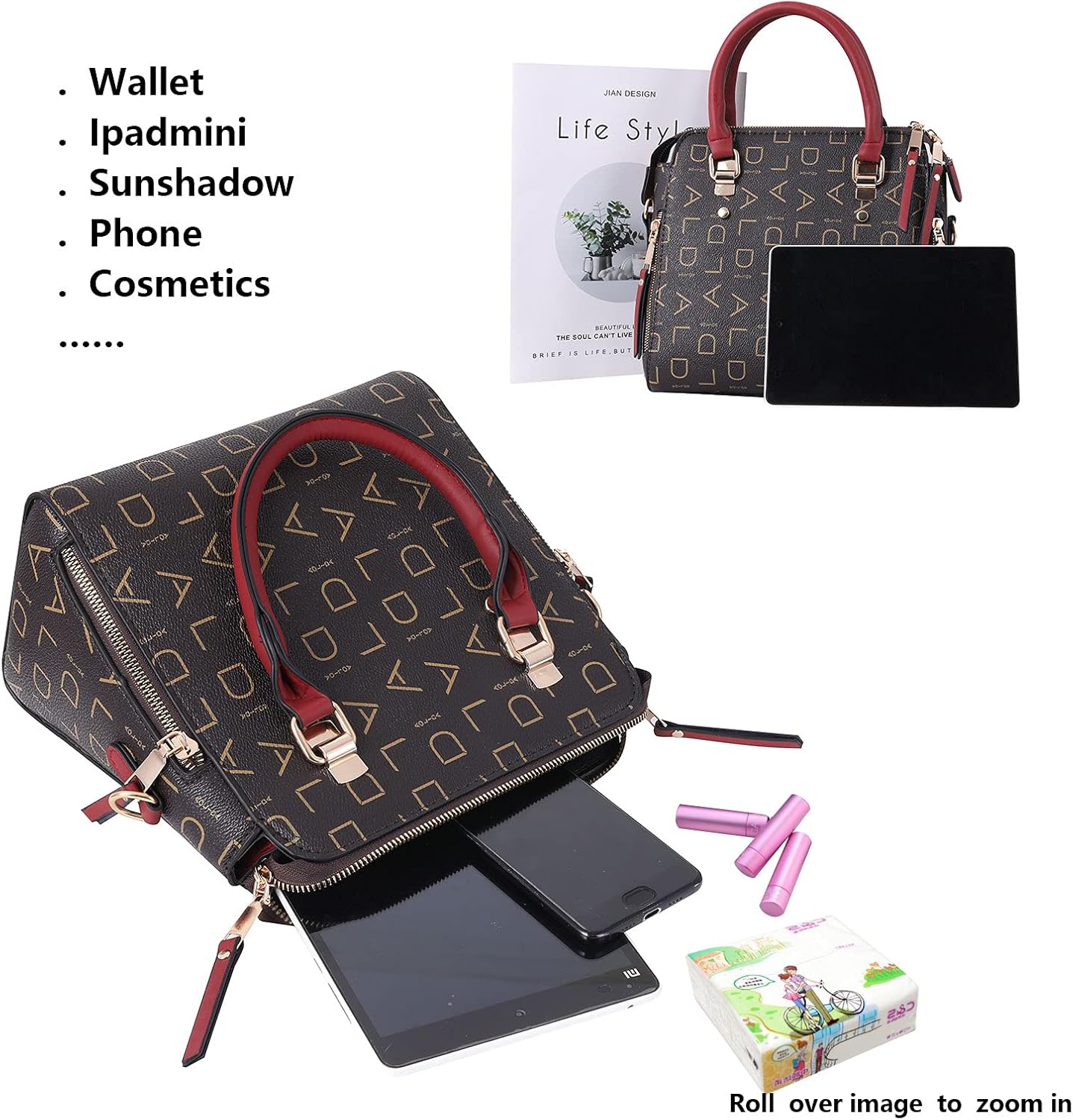 Borsa a mano elegante con motivo geometrico, manici rossi, include portafoglio, iPad mini, telefono, cosmetici. Ideale per moda e praticità.
