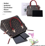 Borsa a mano elegante con motivo geometrico, manici rossi, include portafoglio, iPad mini, telefono, cosmetici. Ideale per moda e praticità.