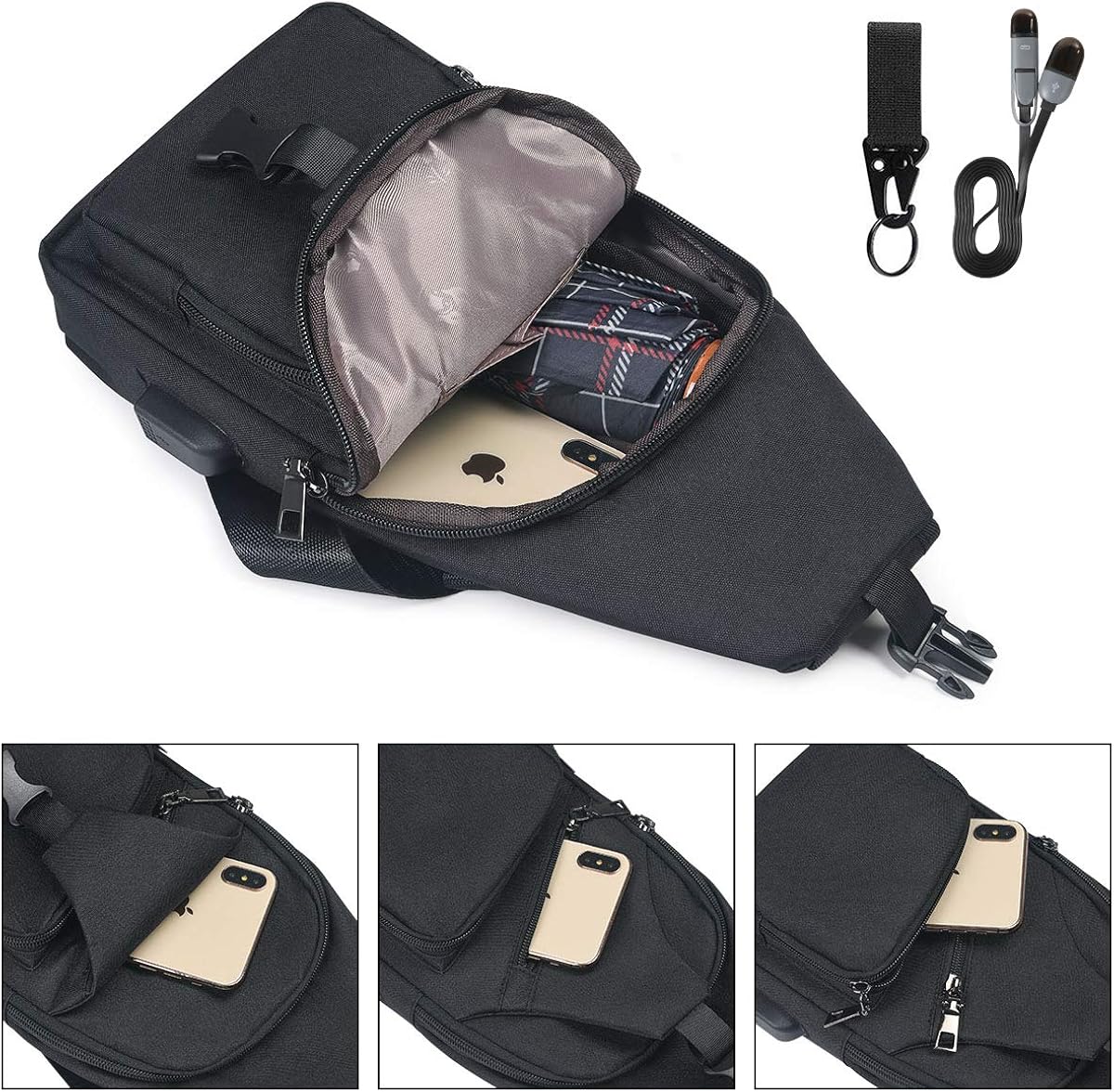 Zaino a tracolla nero con tasche multiple, cerniere resistenti, porta USB, spazio per smartphone e accessori. Ideale per viaggi e uso quotidiano.
