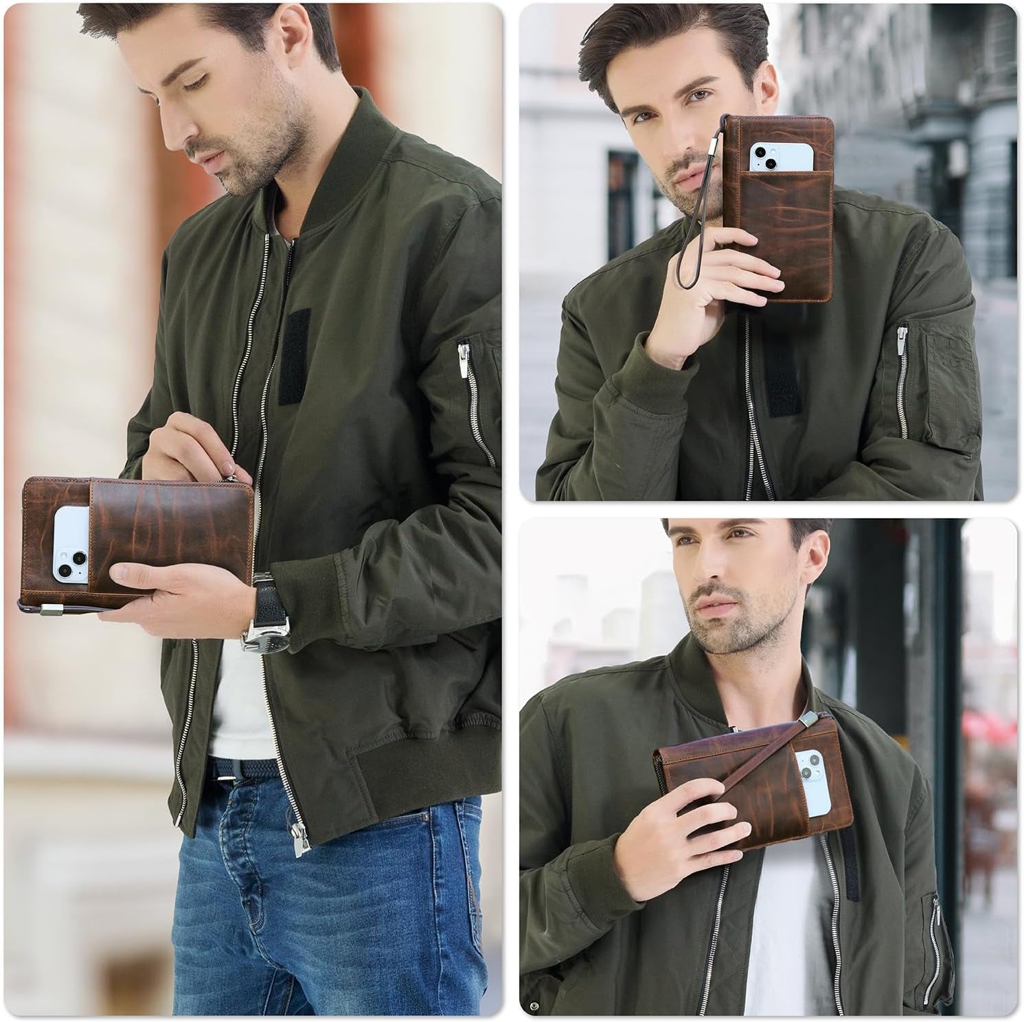 Uomo con giacca verde e jeans tiene un portafoglio in pelle marrone con smartphone. Accessorio elegante e funzionale per uomo moderno.