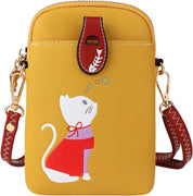 Borsa a tracolla gialla con gatto bianco stilizzato, decorata con dettagli rossi e blu. Design unico, accessorio moda donna, stile casual.