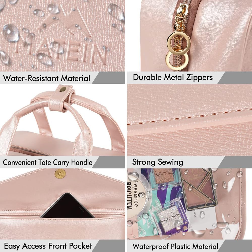 Borsa tote rosa impermeabile con cerniere in metallo durevoli, manico comodo, cuciture resistenti e tasca frontale facile accesso.