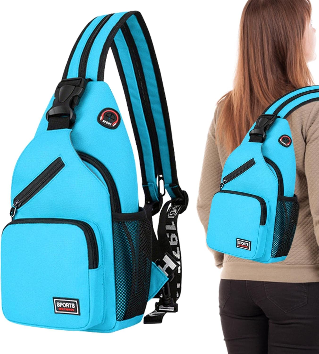 Zaino monospalla sportivo blu, design ergonomico, tasche multiple, ideale per attività all'aperto e viaggi. Materiale resistente e leggero.
