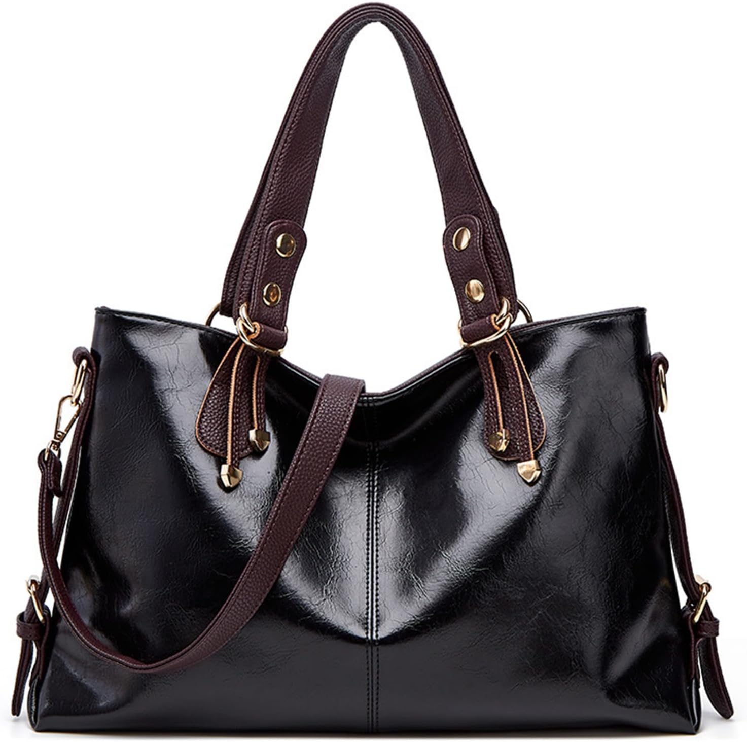 Borsa a mano in pelle nera lucida con manici marroni, dettagli dorati e tracolla regolabile. Elegante accessorio moda donna.
