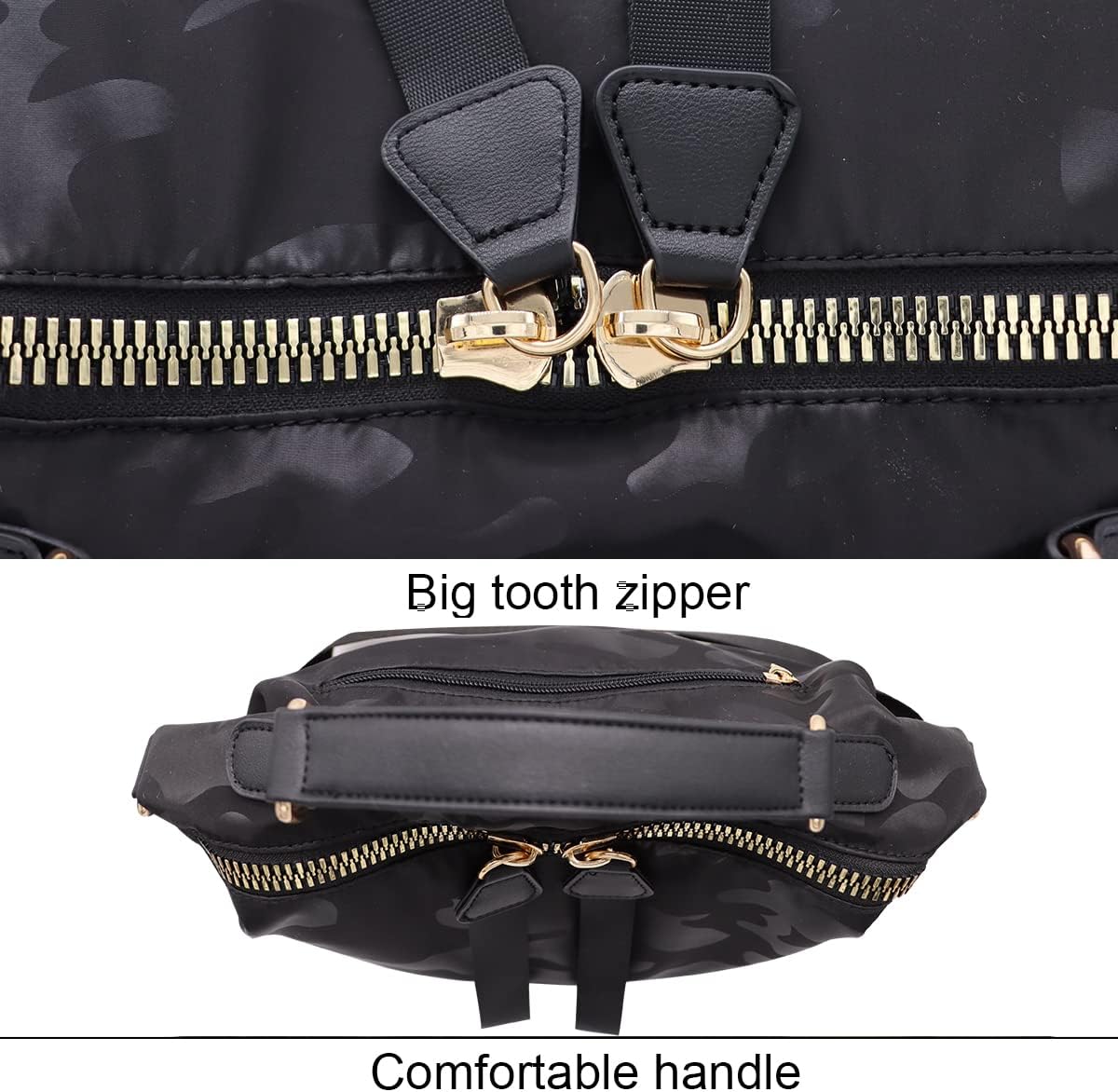 Zaino nero con cerniera a denti grandi e manico comodo, design mimetico, dettagli in metallo dorato, ideale per viaggi e uso quotidiano.