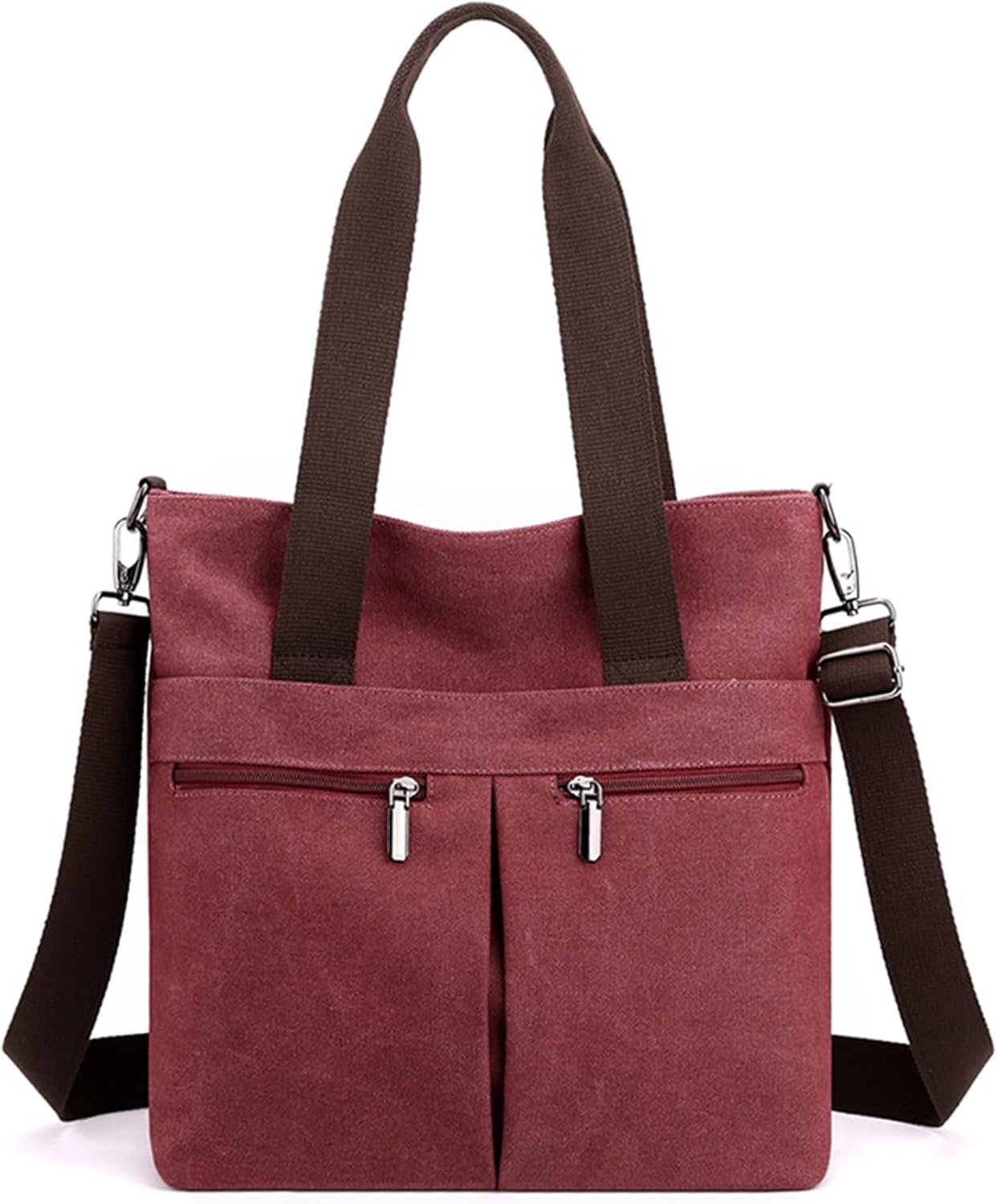 Borsa a tracolla in tela rosa con doppio manico marrone, tasche frontali con cerniera, design casual, ideale per shopping e uso quotidiano.