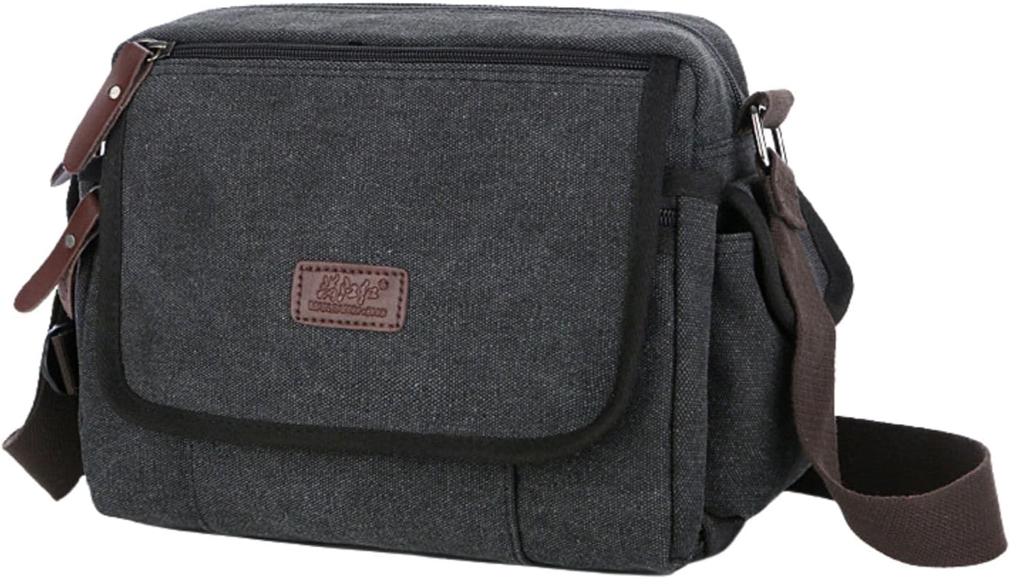 Borsa a tracolla in tela grigia con tasche multiple, chiusura a zip e dettagli in pelle marrone. Ideale per uomo, donna, viaggio, lavoro.