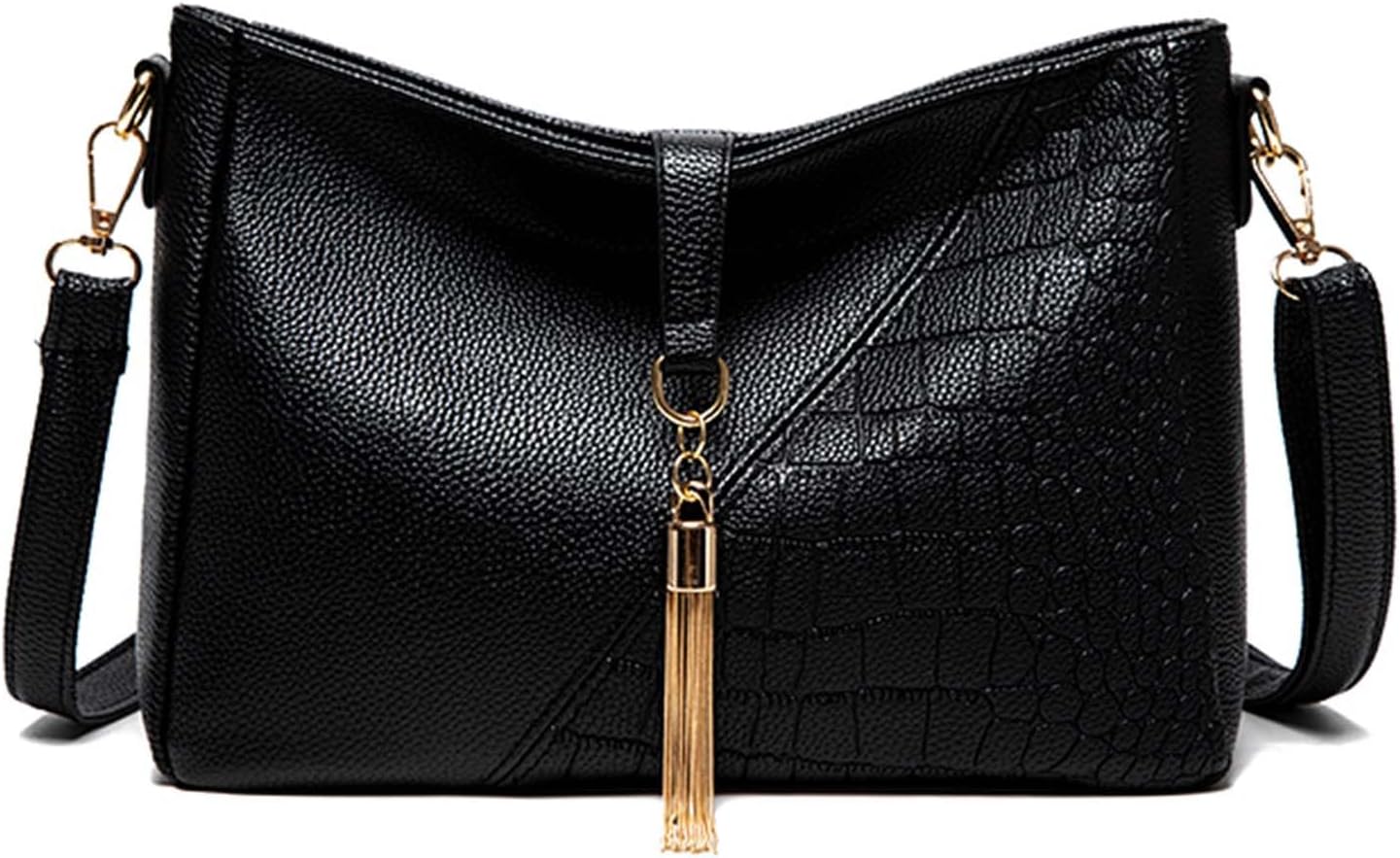 Borsa a tracolla donna in pelle nera con texture coccodrillo, decorazione con nappina dorata, chiusura a zip, elegante e versatile.