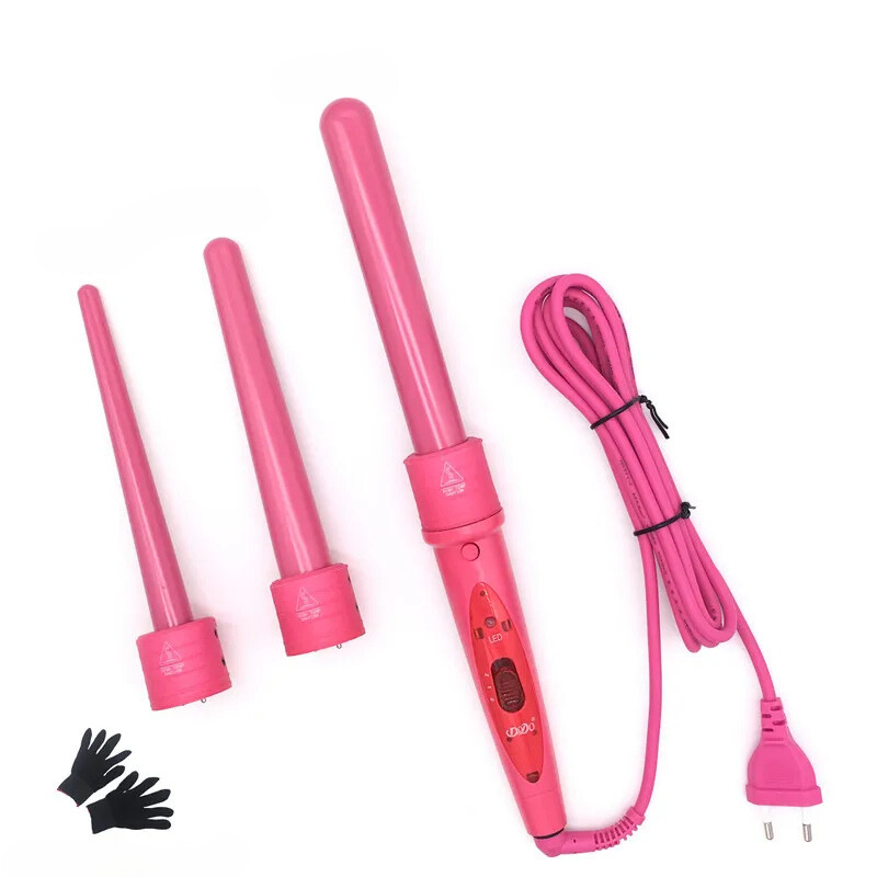 Arricciacapelli rosa con tre bacchette intercambiabili, guanti termici inclusi, cavo lungo, ideale per styling capelli ricci e mossi.