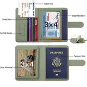 Portafoglio da viaggio verde con slot per passaporto, carte di credito, SIM, biglietti e finestre trasparenti per foto. Design compatto e funzionale.