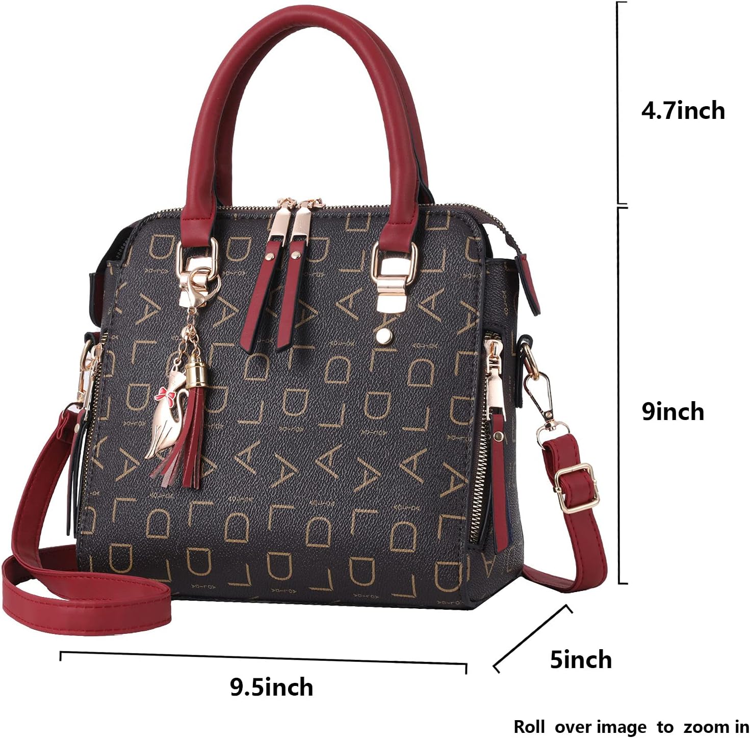 Borsa a mano donna in pelle sintetica marrone con stampa geometrica, manici e tracolla rossi, dimensioni 9,5x5x9 pollici, elegante e versatile.