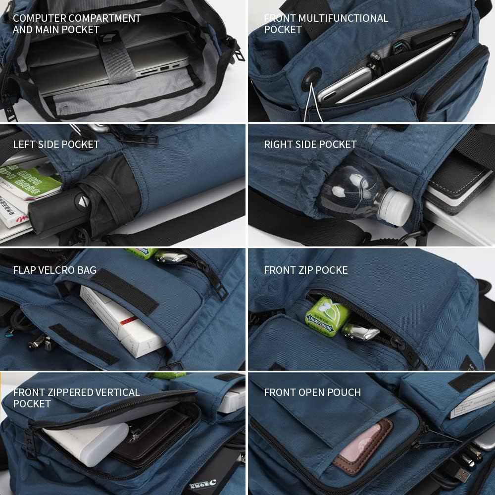 Borsa a tracolla blu con scomparti multipli: tasca per computer, tasche laterali, tasca frontale multifunzionale, chiusura in velcro, tasca con zip.