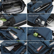 Borsa a tracolla blu con scomparti multipli: tasca per computer, tasche laterali, tasca frontale multifunzionale, chiusura in velcro, tasca con zip.