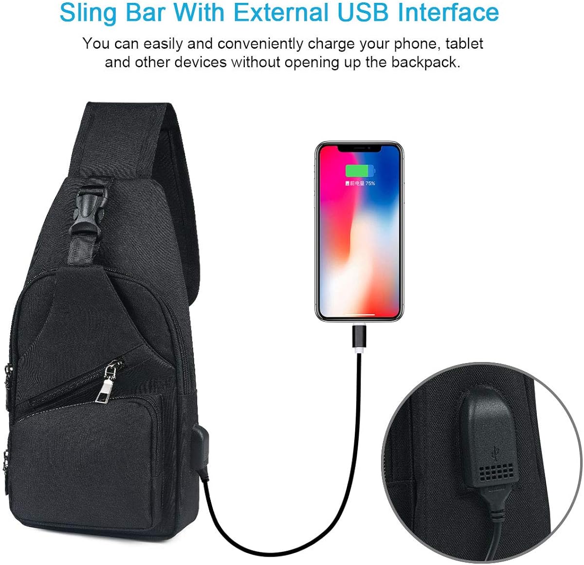 Zaino monospalla nero con interfaccia USB esterna, ideale per ricaricare smartphone e tablet senza aprire lo zaino. Design pratico e moderno.