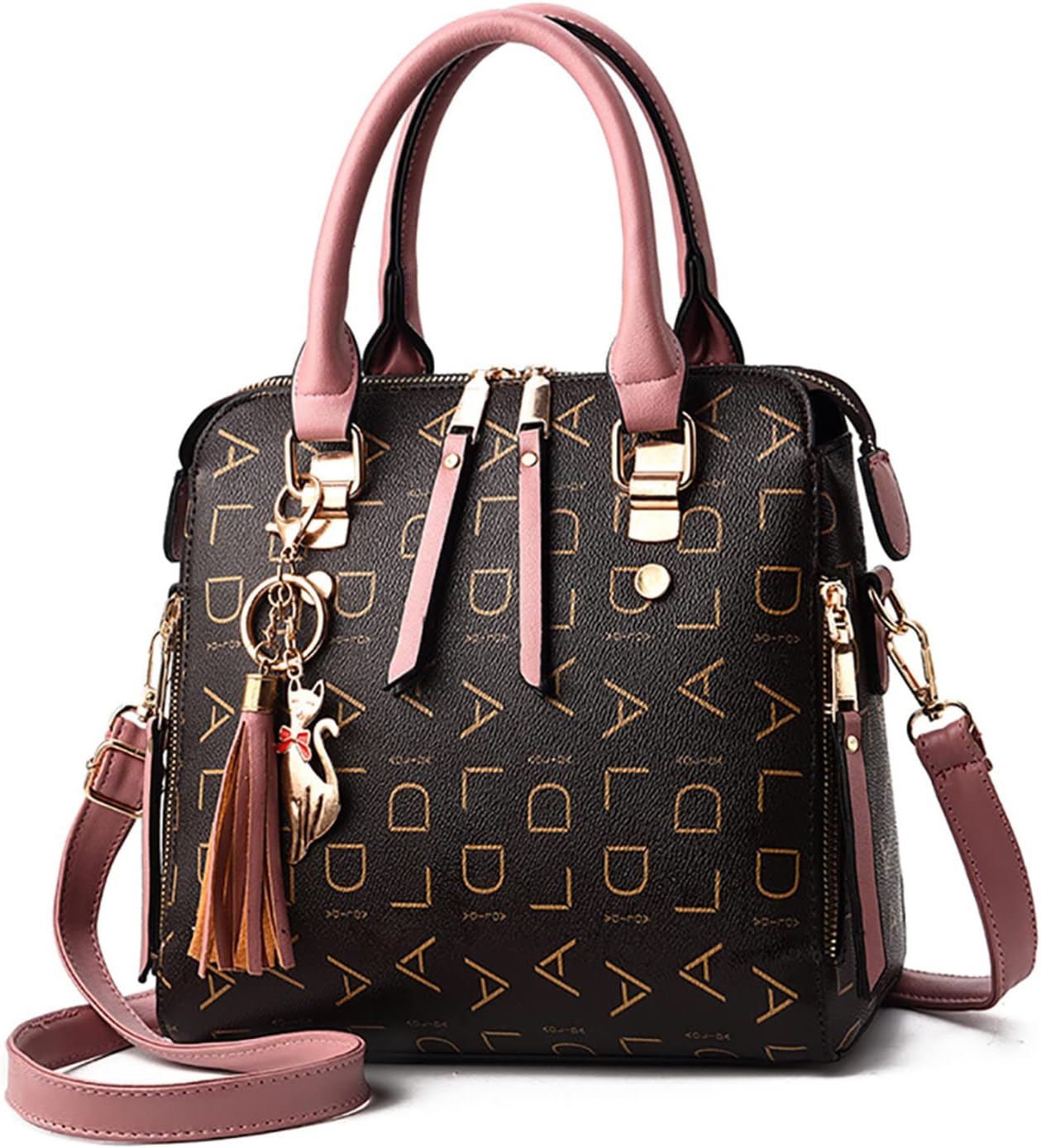 Borsa a mano in pelle nera con stampa monogramma, manici e tracolla rosa, ciondolo decorativo, design elegante e moderno, accessorio moda donna.