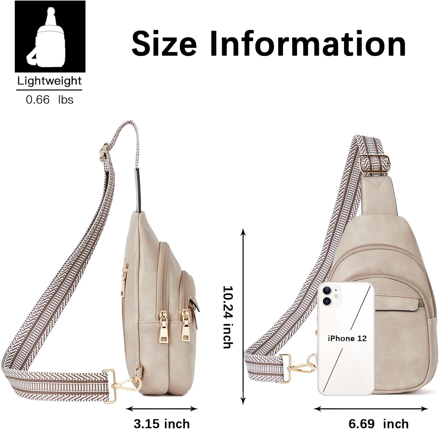 Zaino monospalla beige in pelle PU, leggero, con tasche multiple e tracolla regolabile. Dimensioni: 10,24"x6,69"x3,15". Adatto per iPhone 12.
