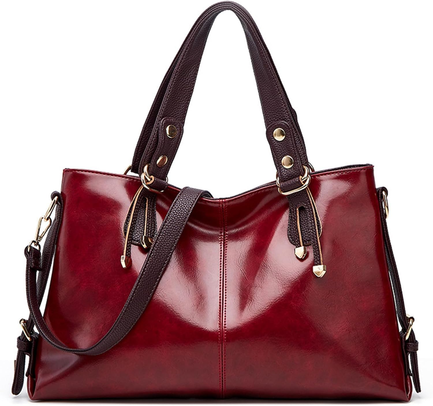 Borsa a mano in pelle rossa lucida con manici marroni, dettagli dorati e tracolla regolabile. Elegante accessorio moda donna.