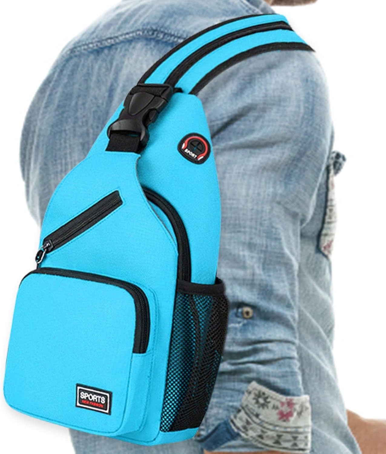 Zaino monospalla sportivo blu, tasche multiple, design ergonomico, ideale per attività all'aperto. Materiale resistente, stile casual.