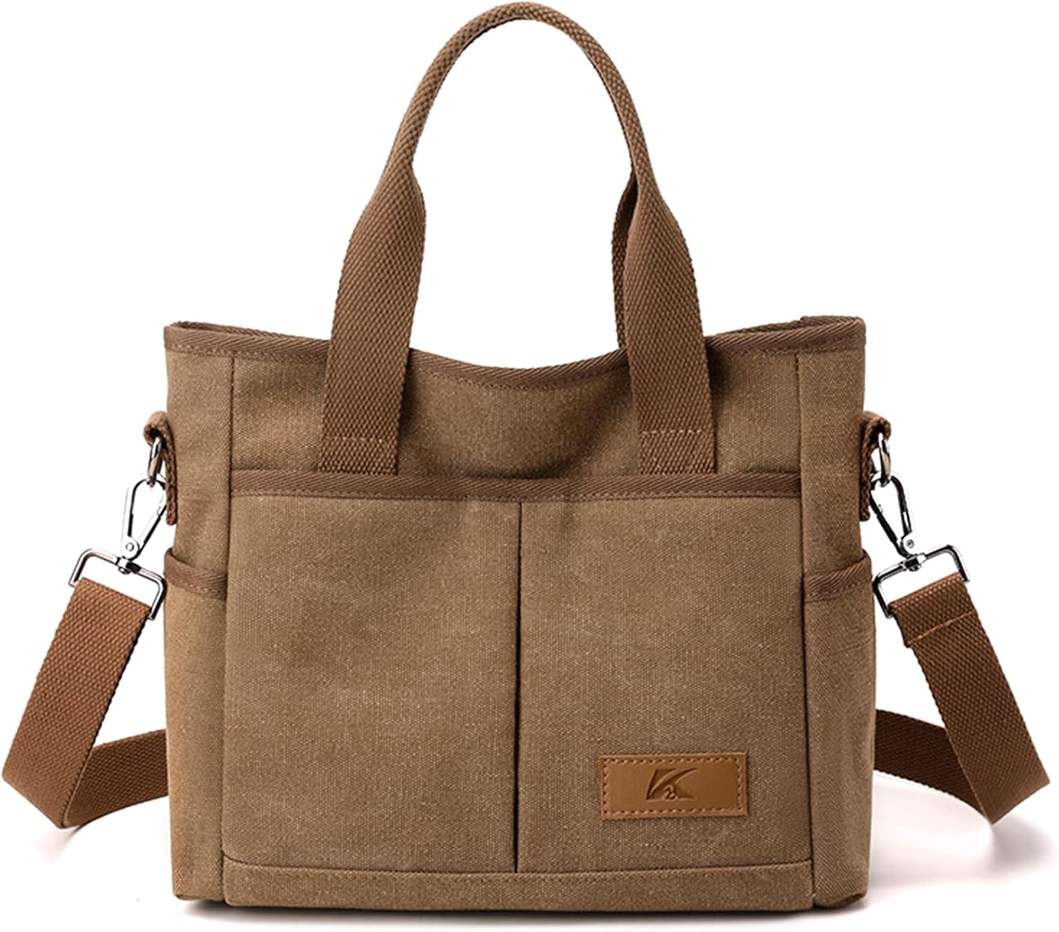 Borsa a tracolla in tela marrone con manici, tasche frontali e tracolla regolabile. Design casual, ideale per uso quotidiano e viaggi.