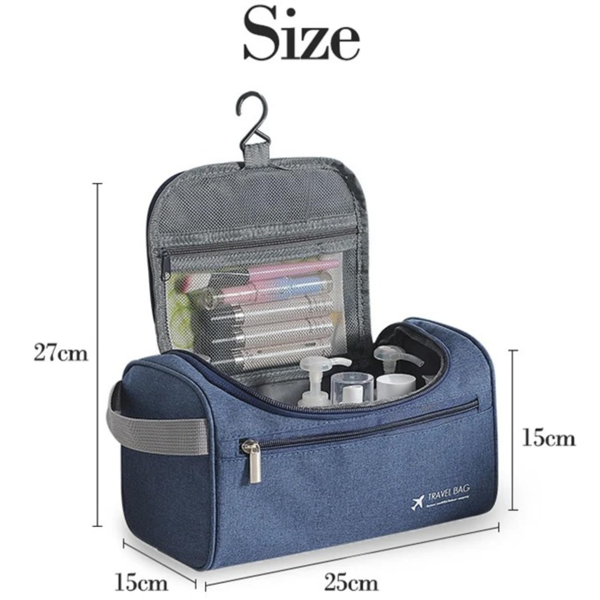 Borsa da viaggio blu con gancio, tasche multiple, dimensioni 27x25x15 cm, ideale per cosmetici e articoli da toeletta. Perfetta per organizzazione viaggio.