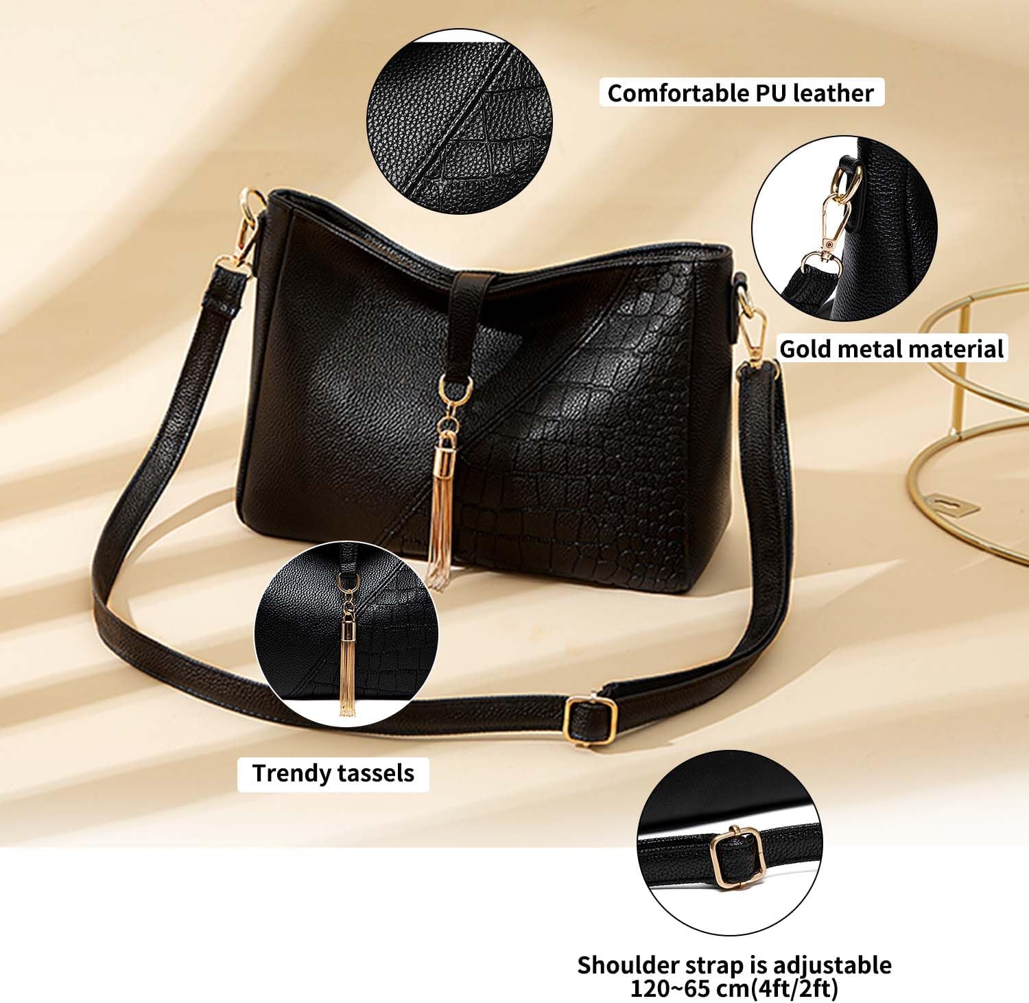 Borsa a tracolla in pelle PU nera con motivo coccodrillo, dettagli in metallo dorato, nappine alla moda, tracolla regolabile 120-65 cm.