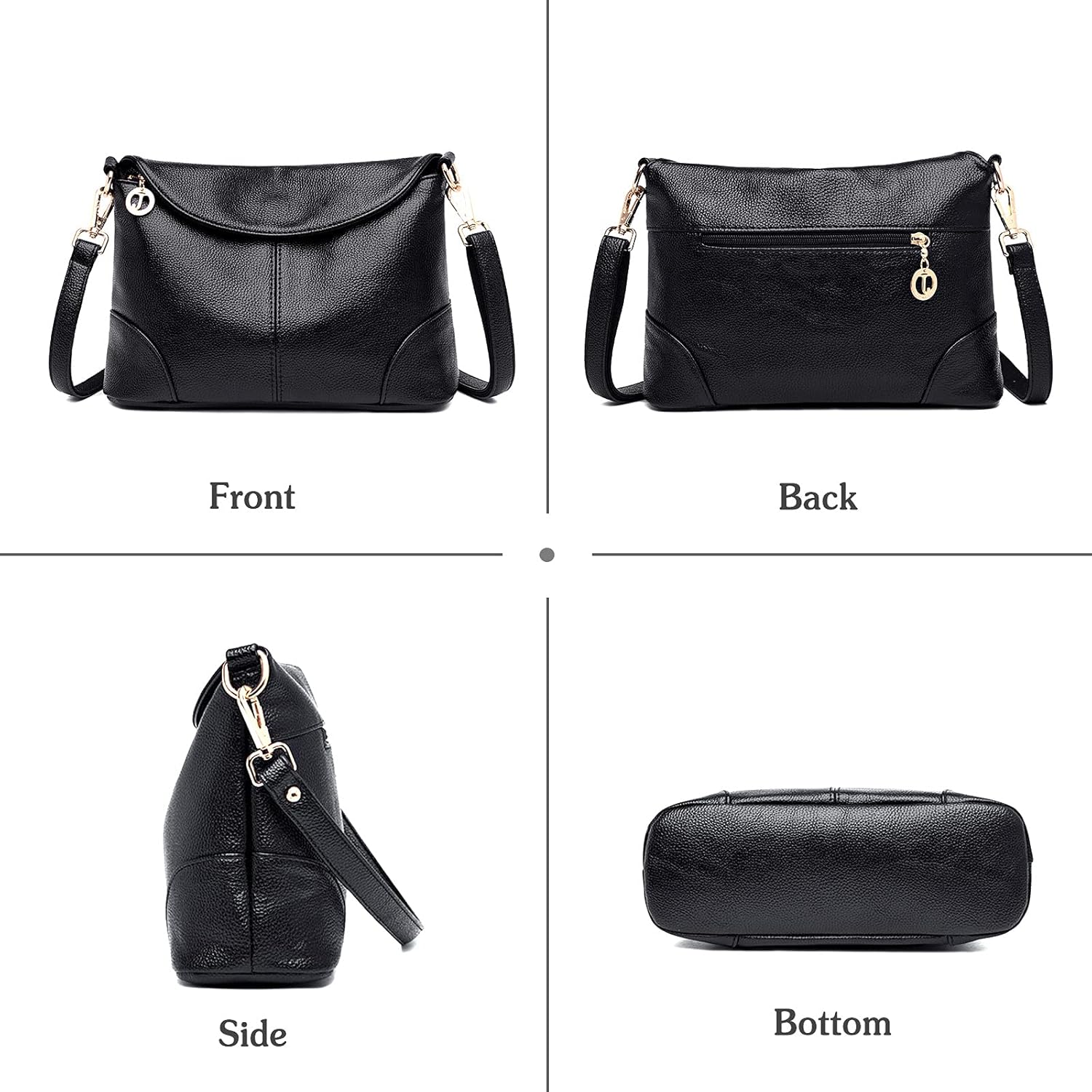 Borsa a tracolla in pelle nera, vista frontale, posteriore, laterale e inferiore. Design elegante, chiusura con zip, dettagli metallici dorati.